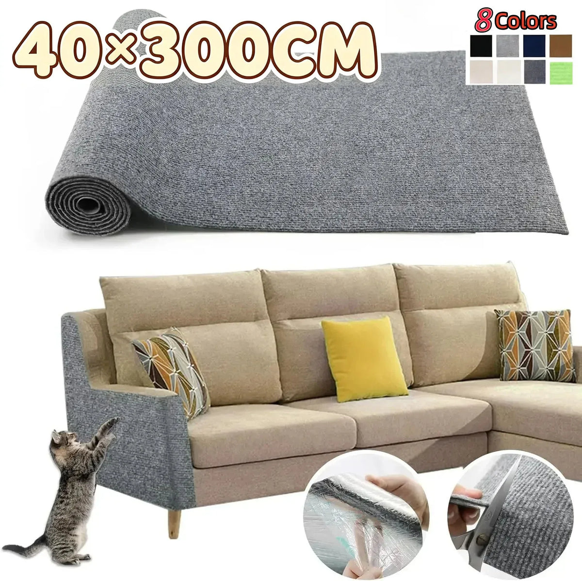tapis chat anti griffes adhésif tranchable protège canapé gris moderne 40x300cm