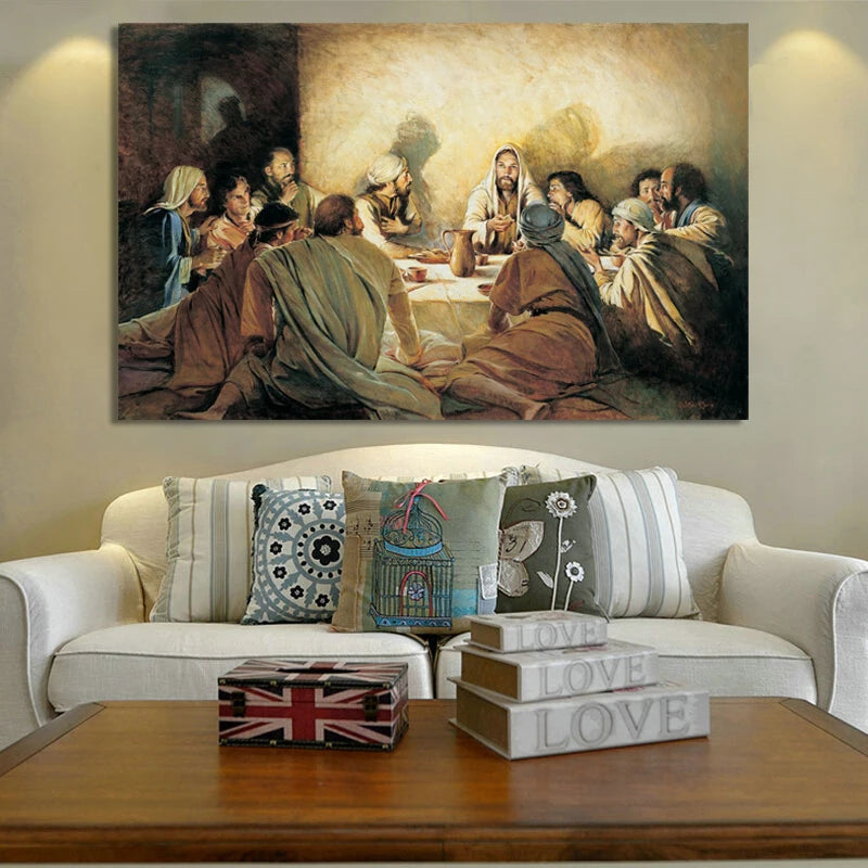 toile d'art peinture l'huile jésus cène religieuse multicolore fixation murale sans cadre
