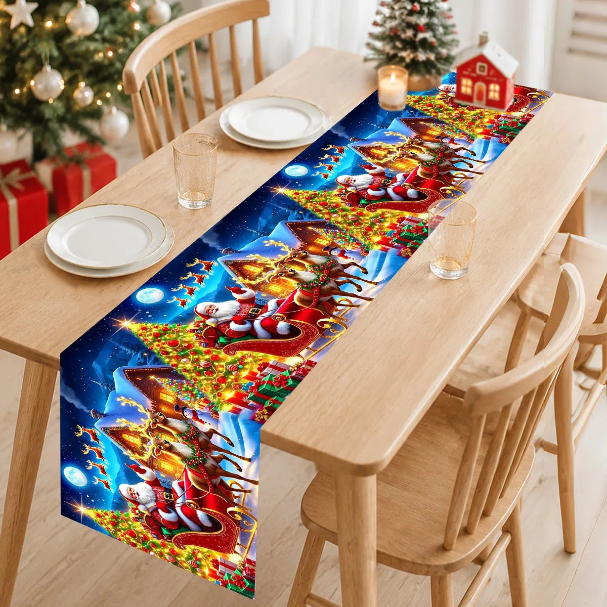 table noël père noël motifs sapins rennes cadeaux décorative festive polyester bleu rouge vert