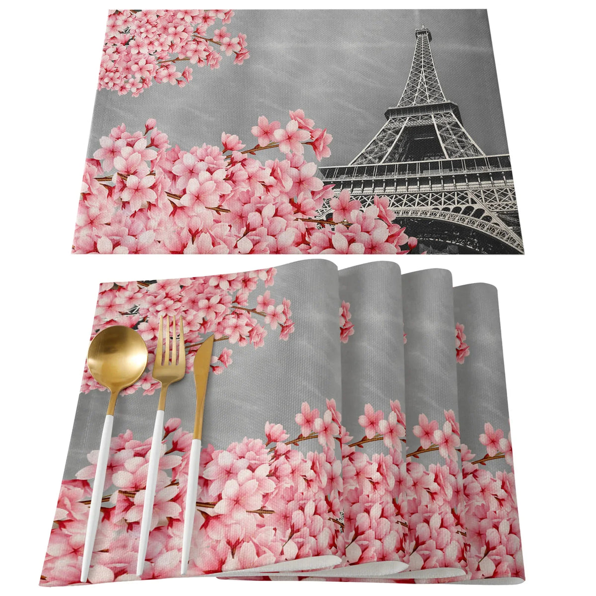 serviettes table imprimées tour eiffel fleurs cerisier moderne rose gris beige