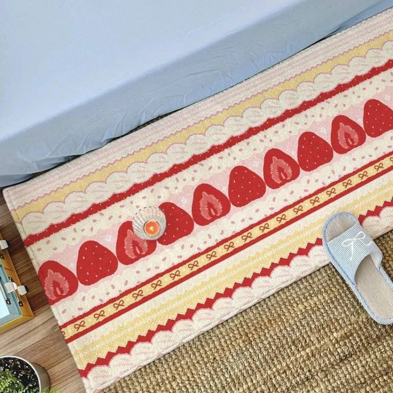 tapis peluche décoratif doux motif fruits étoiles rose rouge vert salon chambre enfant maison