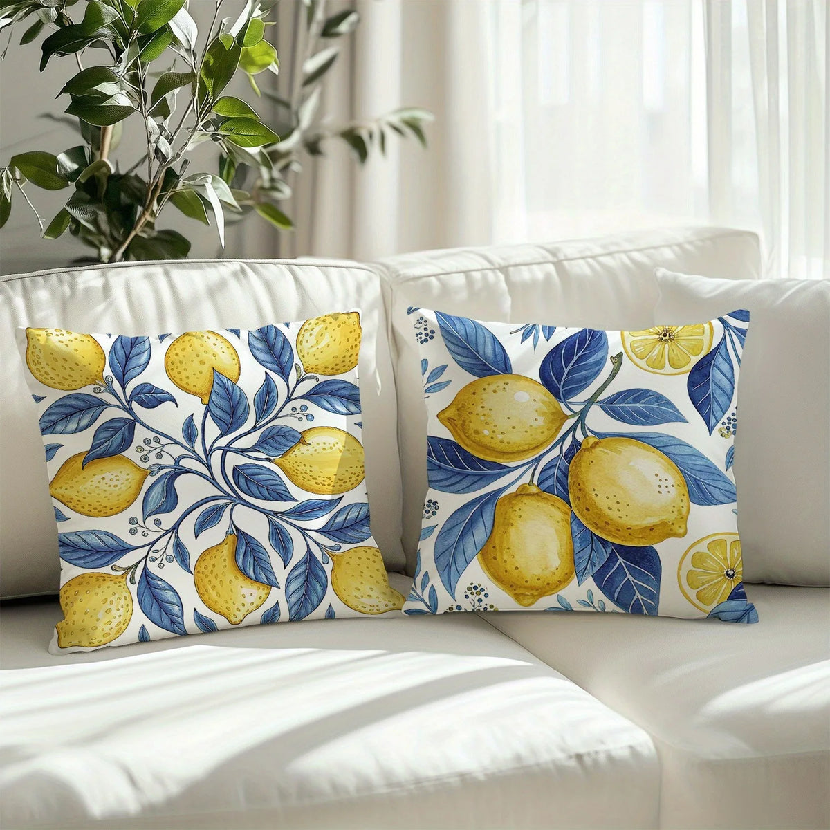 taies d'oreiller décoratives imprimées citrons feuilles bleu moderne maison lit