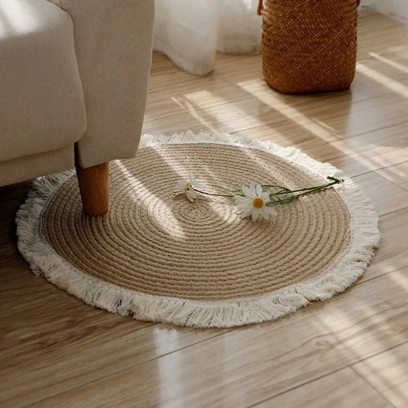 tapis boho spirale concentrique franges antidérapant coton beige clair rustique fleurs artificielles salon chambre