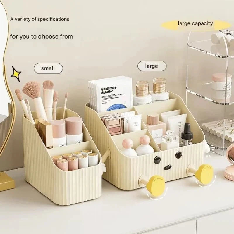 boîte rangement cosmétique beige rayures modernes poignées maquillage soins peau crèmes lotions emballages