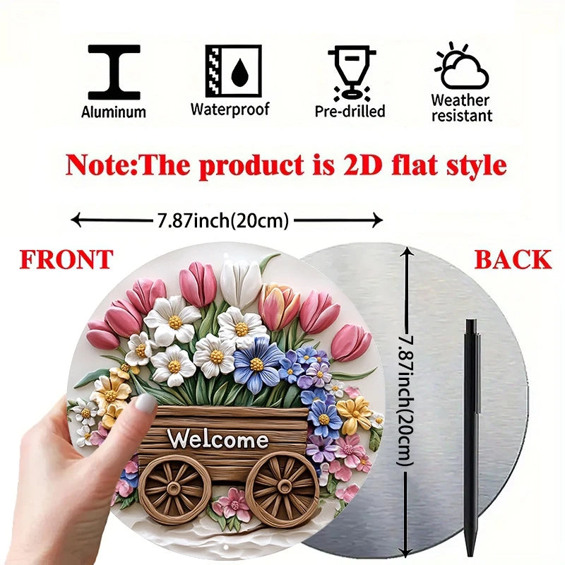 plaque décorative fleurs relief welcome bois couleur rose blanc marron pastorelle 20cm diameter