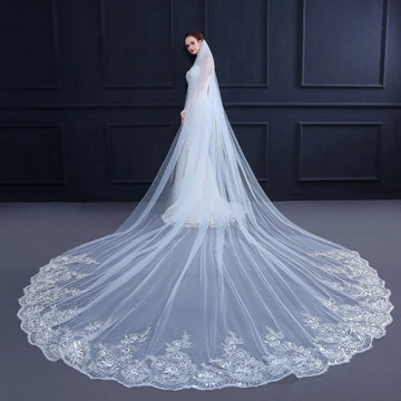 voile mariée blanc broderie florale translucide classique paillettes bord dentelle polyester