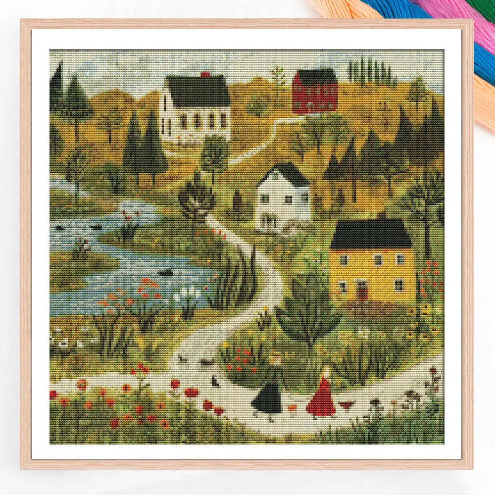 broderie scénique paysagère moderne multicolore maisons arbres fleurs toile imprimée aiguilles rubans instructions inclusées