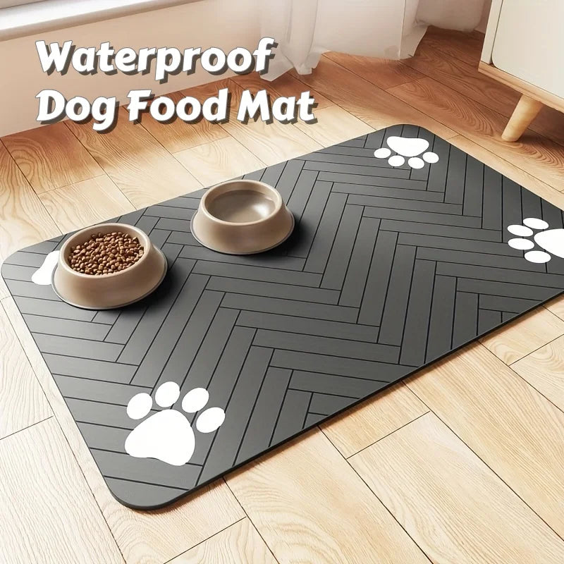 tapis nourriture chien gris rayures pattes diagonales absorbant durable deux bols alimentation