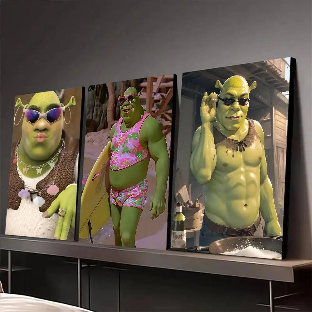 affiche moderne shrek pop art toile cadre noir personnage maillot bain vert blanc rose