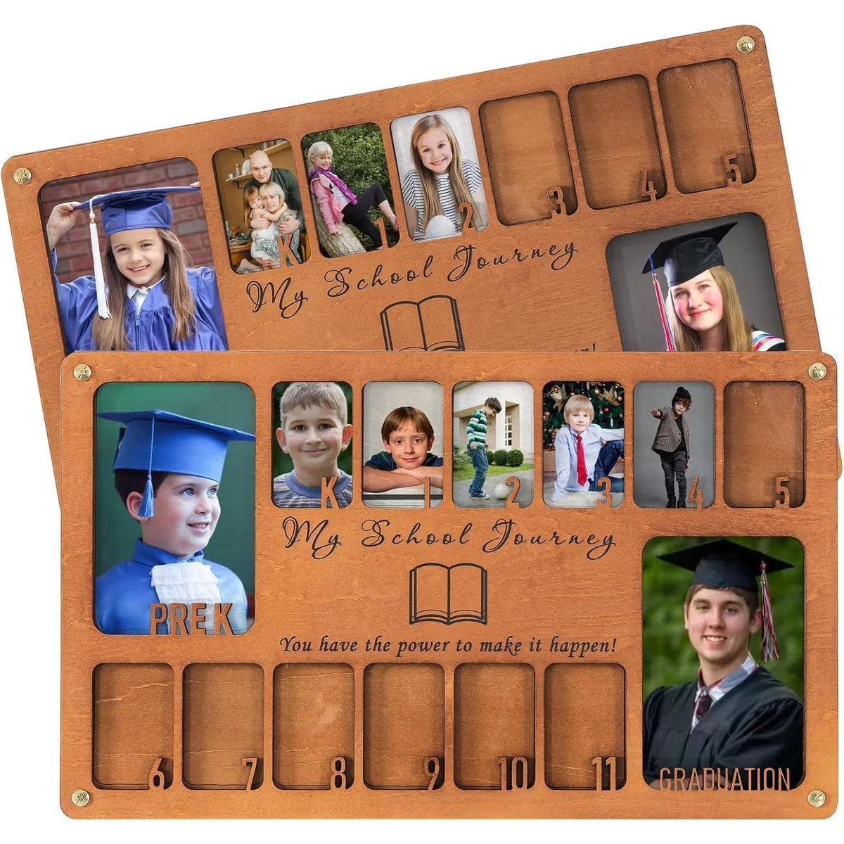 cadre photo bois My School Journey emplacements photos texte gravé rustique