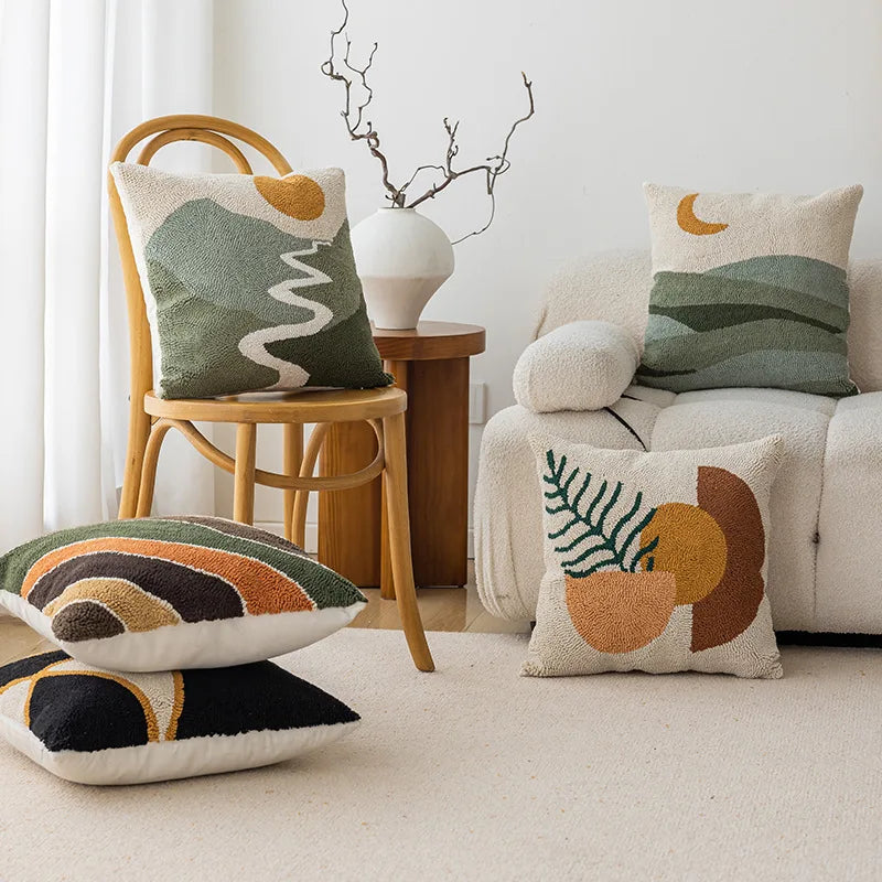 taie d'oreiller géométrique abstraite brodée vert beige boho chic coussin tufté 45x45cm motifs linéaires