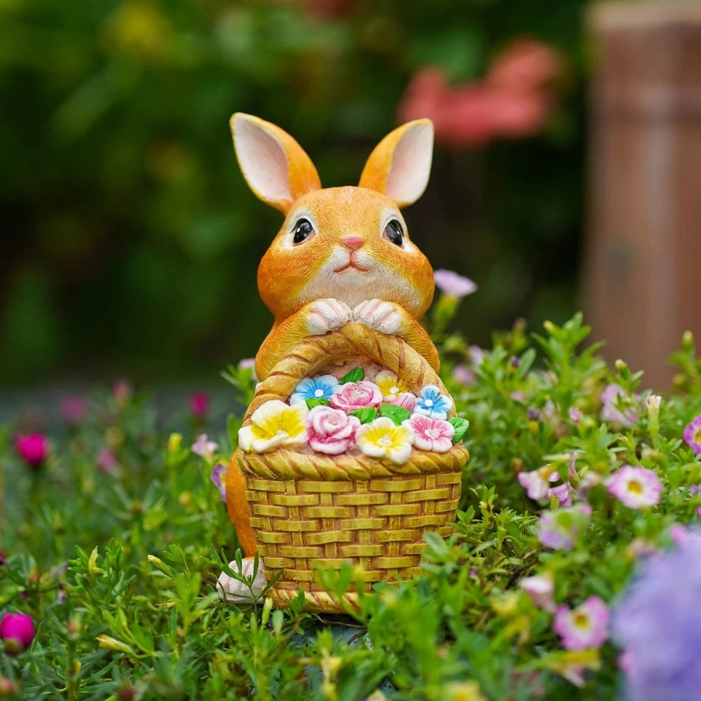 statue lapin fleurs jardin solaire led couleur vives decorative printemps exterieur ornement fleuri