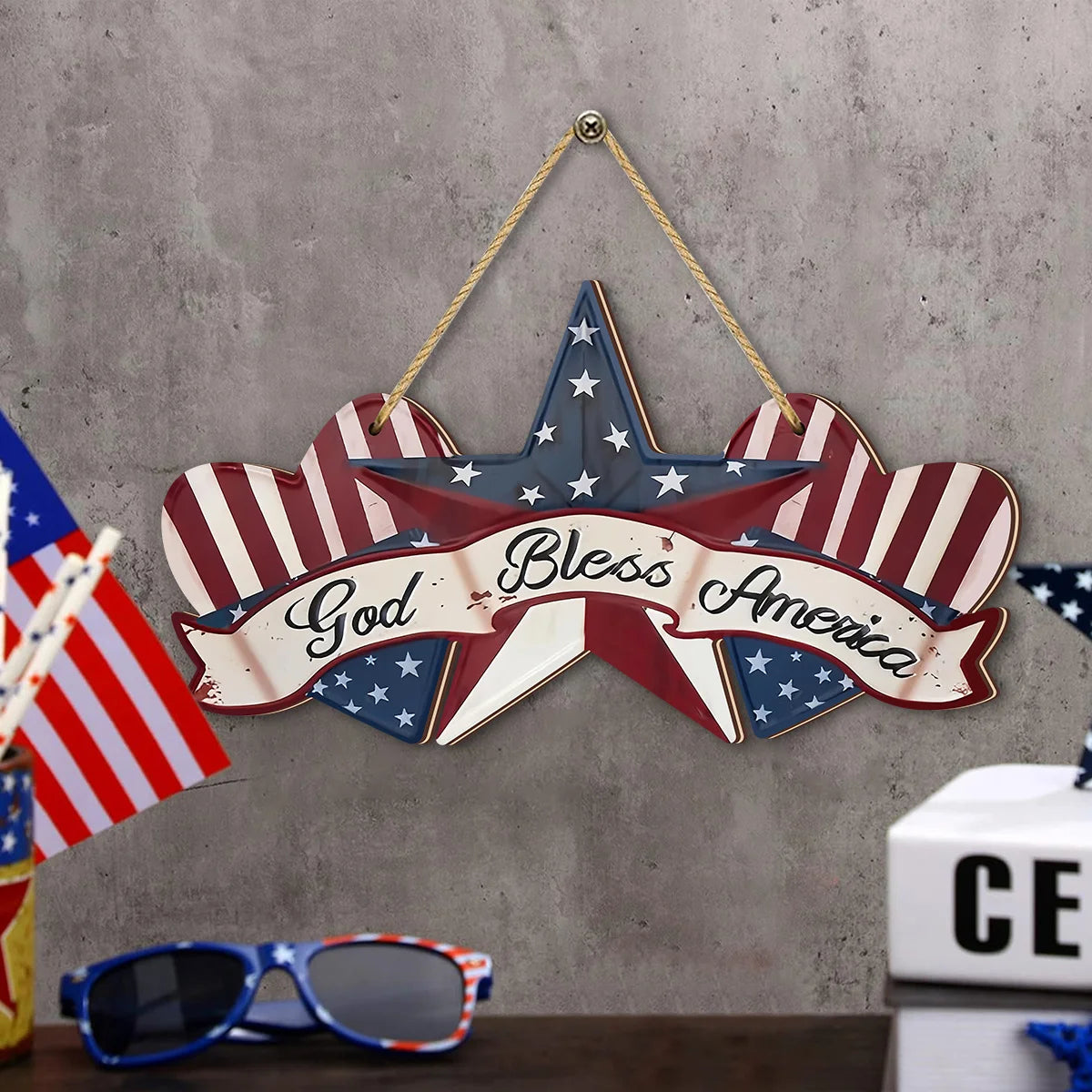 décoration murale étoile god bless america rouge blanche bleue fête anniversaire plaque bois corde