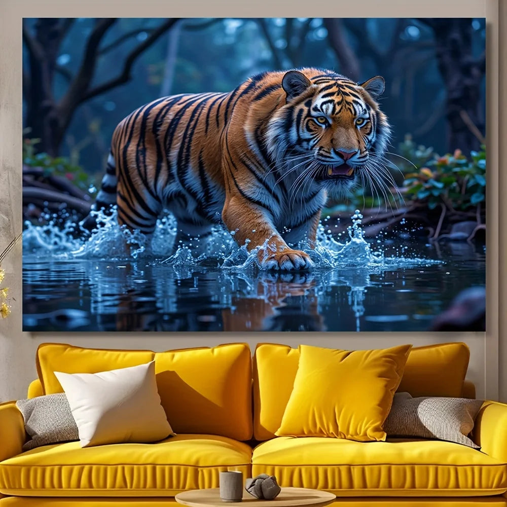 toile d'art tigre eau réaliste orange noir bleu maison décoration 100 polyester