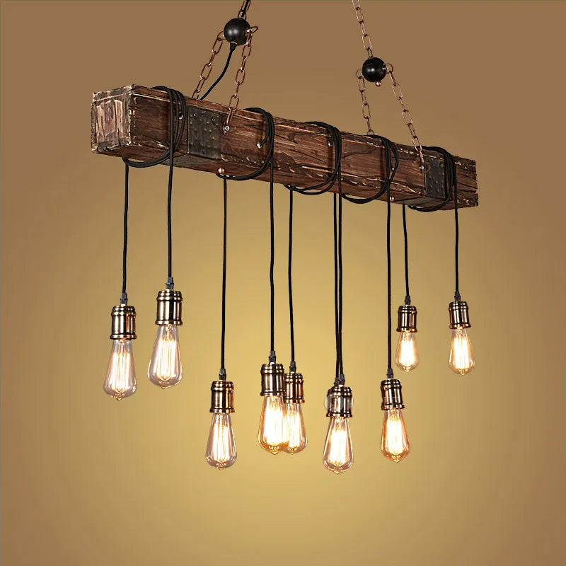 lampe suspendue industrielle bois brun cuivre ampoules filament métal noir rustic