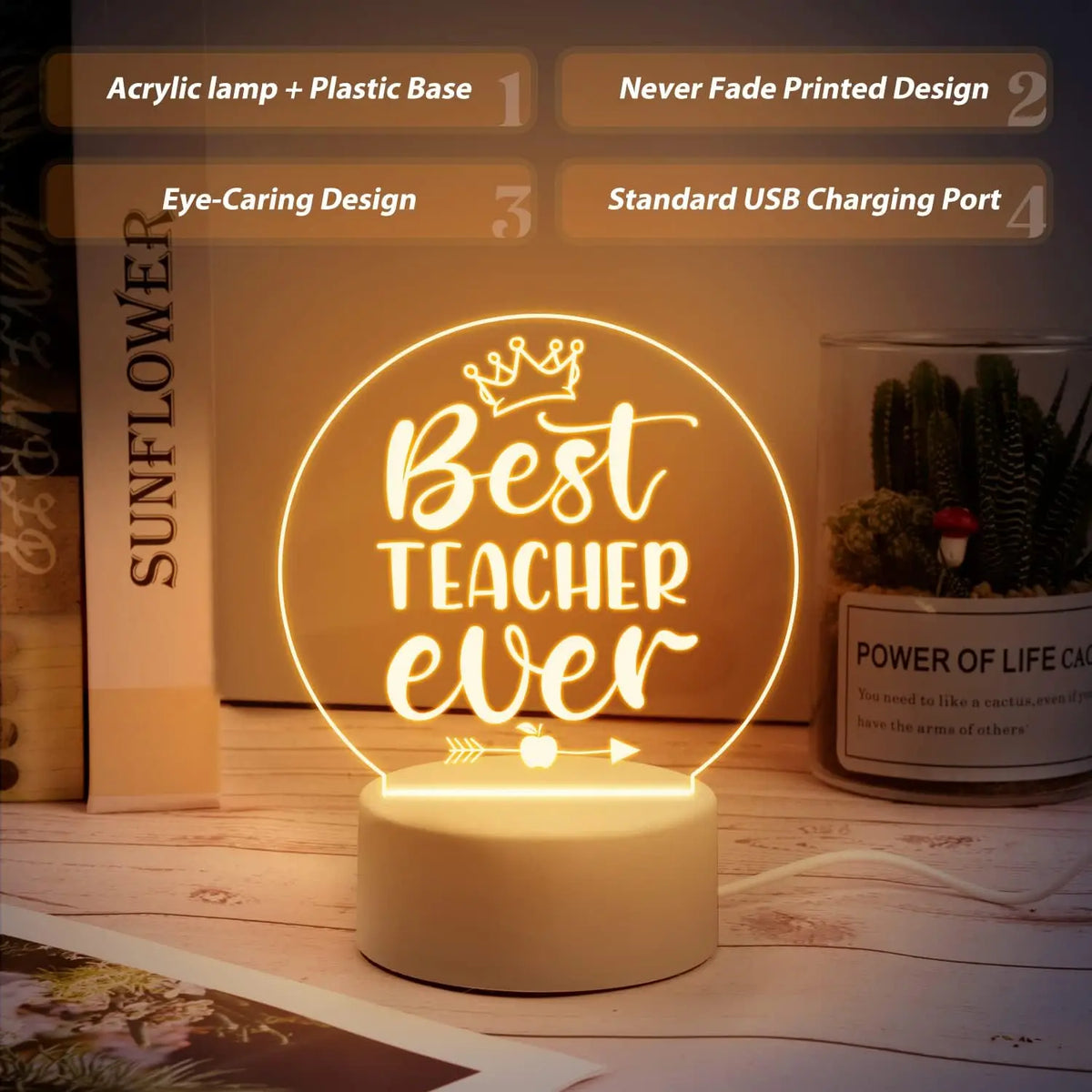 lampe nuit 3D lettrage Best Teacher Ever couronne pomme transparent moderne couleurs base plate