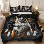 ensemble literie moderne imprimé loup plumes attrape rêves noir blanc gris orange