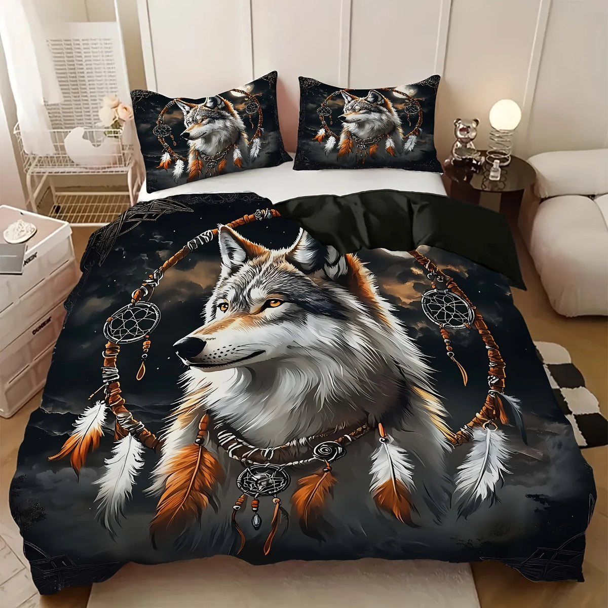 ensemble literie moderne imprimé loup plumes attrape rêves noir blanc gris orange