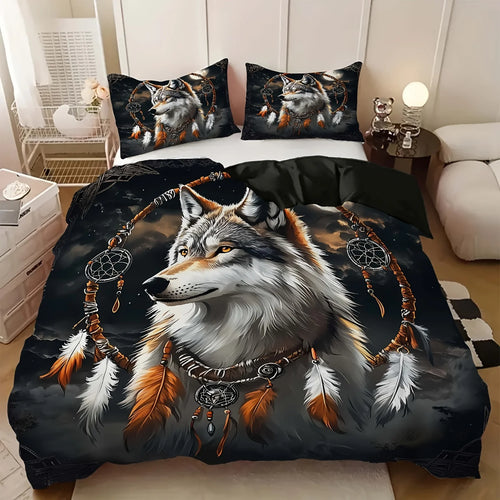 ensemble literie moderne imprimé loup plumes attrape rêves noir blanc gris orange