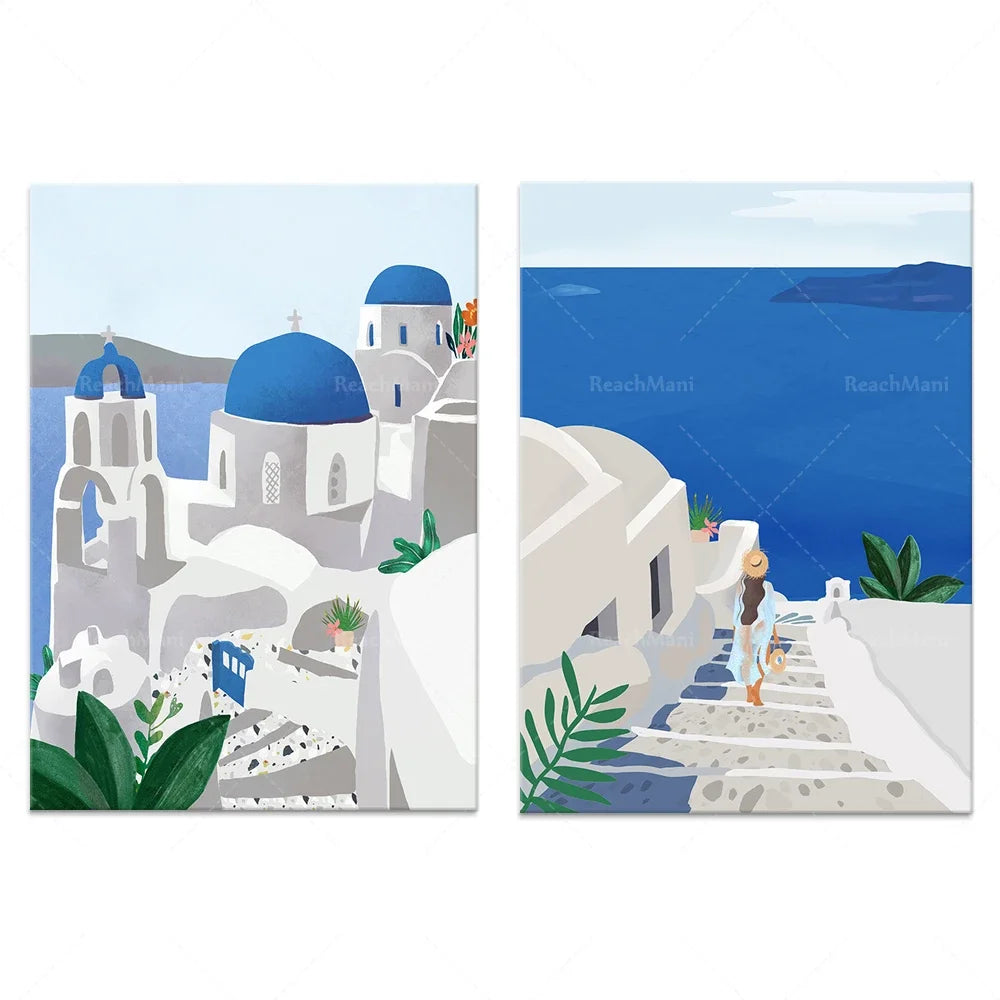 Un paysage idyllique avec des dômes bleus caractéristiques de l'architecture grecque traditionnelle, des escaliers menant à une mer turquoise et une végétation méditerranéenne.