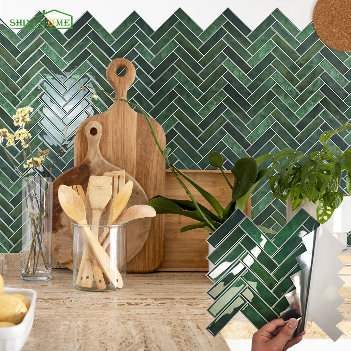 Carrelage mural autocollant vert motif chevrons