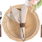 serviettes table tissu lin beige blanc motifs élégants rustiques modernes assiettes couverts anneaux métal