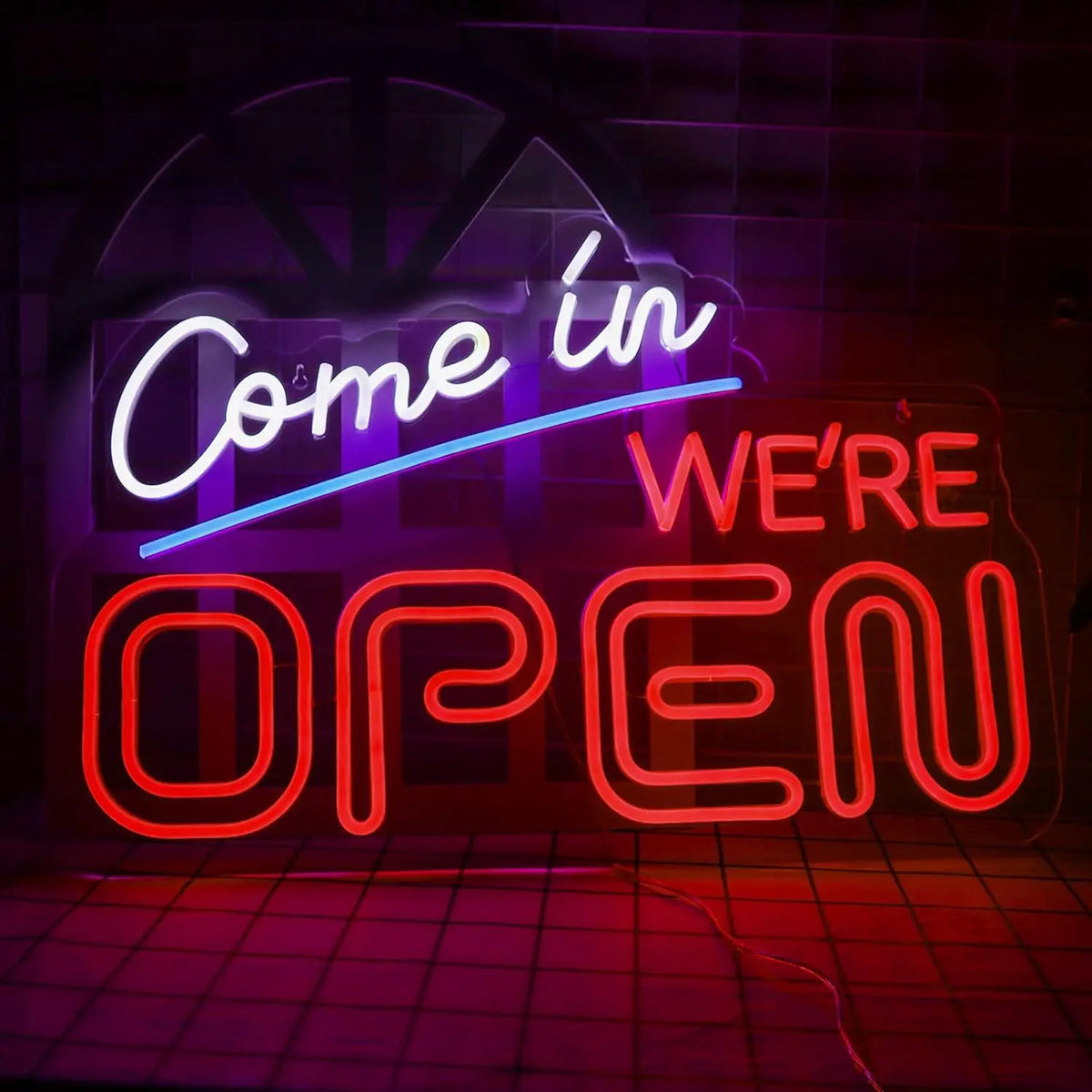 enseigne lumineuse néon ouverte Come in WE'RE OPEN adhésif moderne blanc bleu rouge
