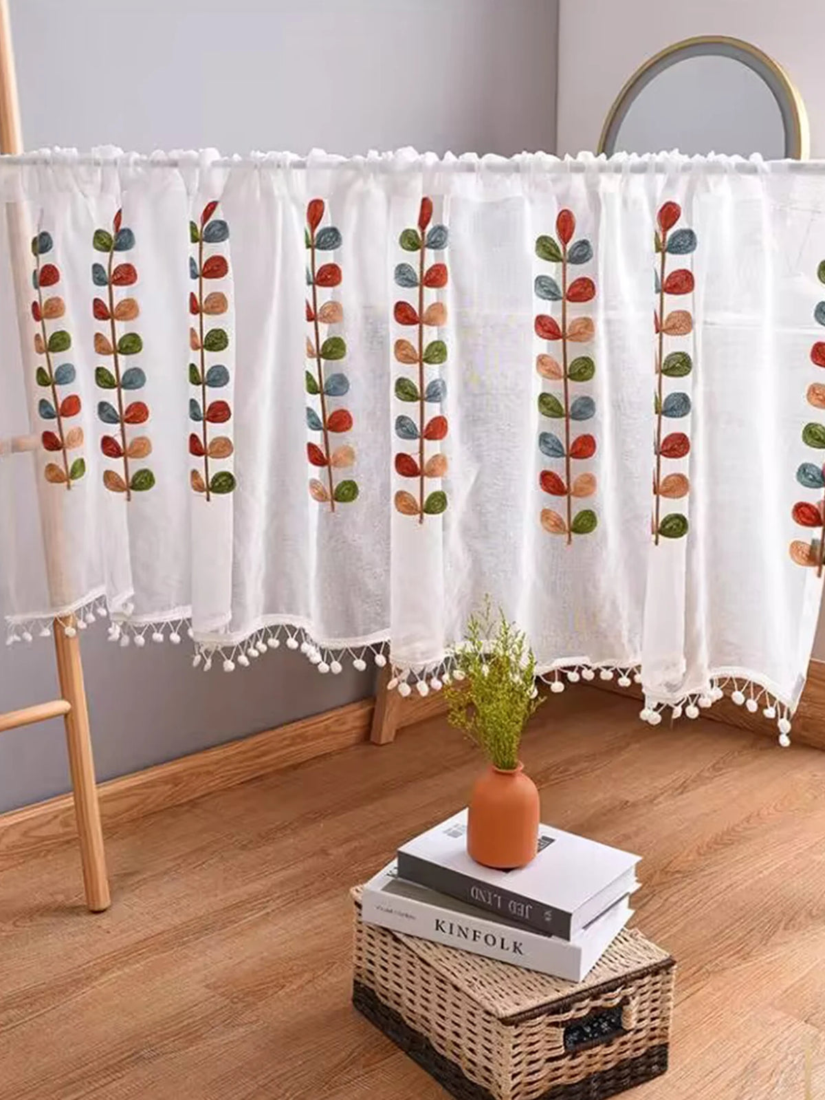 rideau semi transparent feuilles stylisées blanc orange vert bleu bohème polyester chambre cuisine