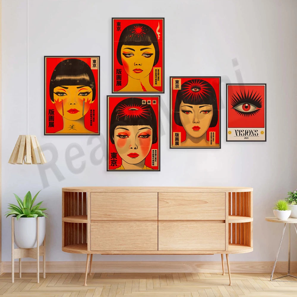 Une collection d'affiches rétro japonaises avec des portraits de femmes aux traits distinctifs et des symboles graphiques abstraits sur un fond blanc, mettant en valeur l'esthétique et l'atmosphère d'une autre époque.