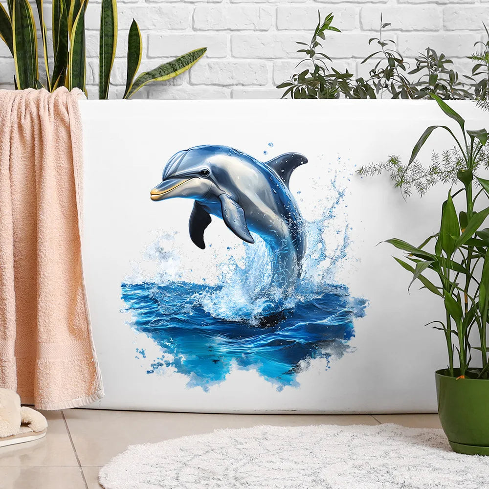 sticker mural dauphins sautant eau bleu blanc réaliste auto adhésif résistant eau salon baignoire