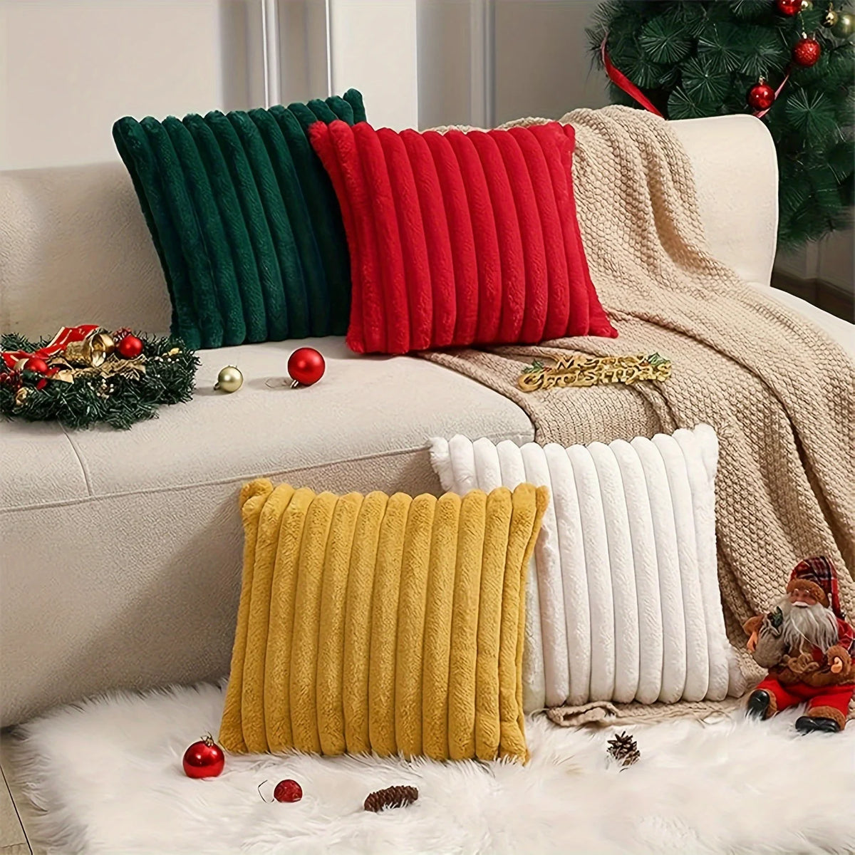 coussin housse fourrure vert rayé adhésif decoration noel canape lit confortable soft 45x45