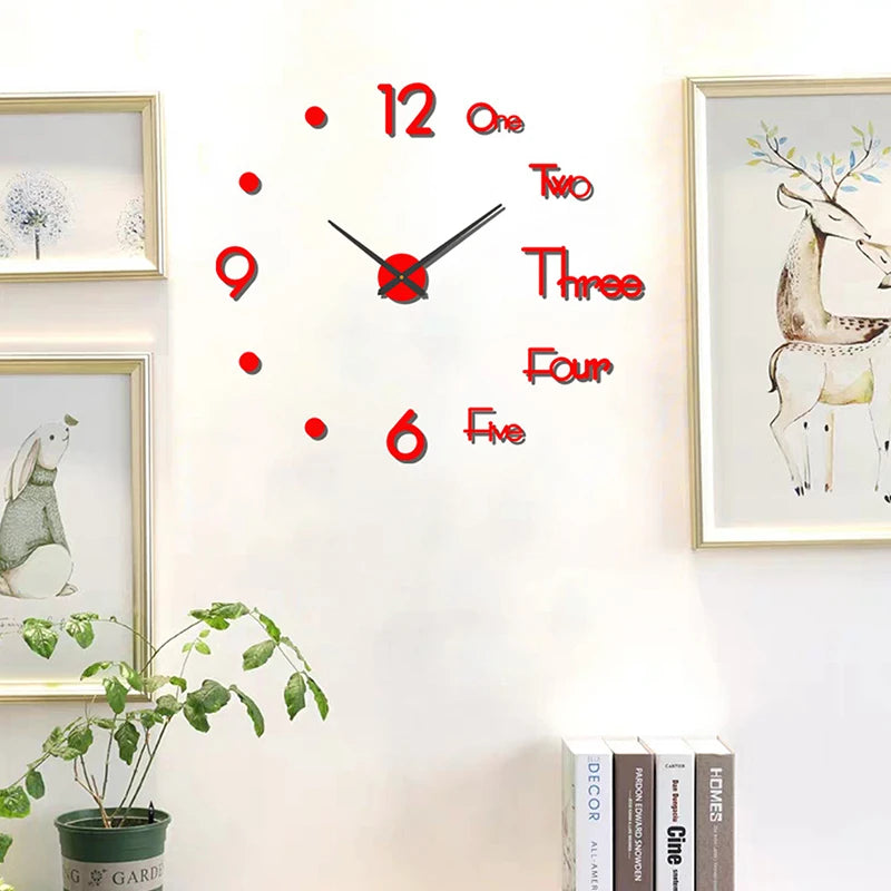 horloge murale moderne adhésive couleur noir rouge vert doré chiffres blancs points noirs transparente