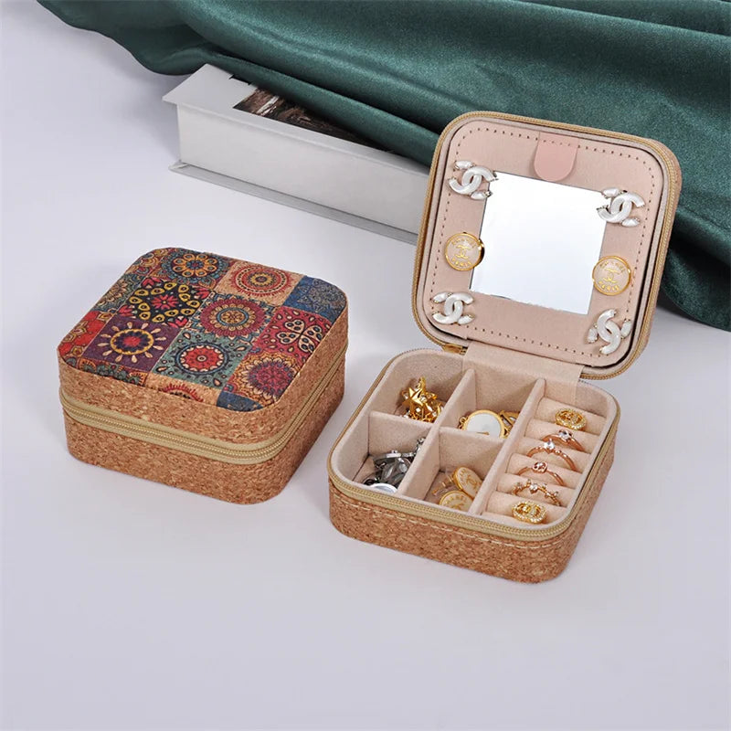 boîtes bijoux vintage zippées boho chic velours imprimé floral beige multifonctionnel porte bijoux travel