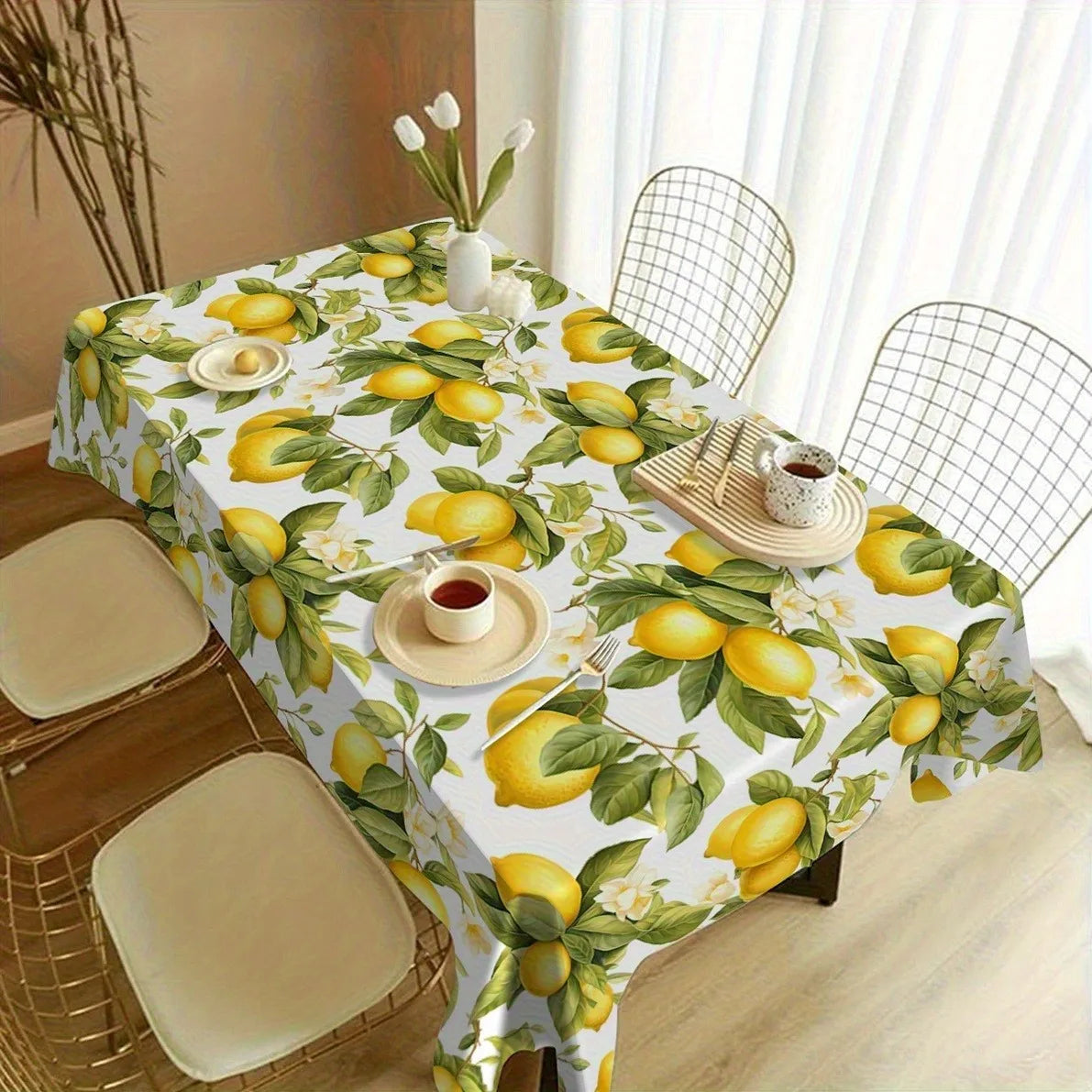 nappe décorative rectangulaire motif citrons feuilles verte blanche été table moderne maison serviettes assiettes