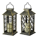 Lanterne solaire extérieure bleue avec LED vacillante sur table de jardin