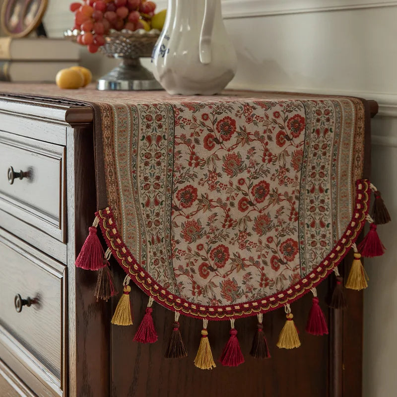 tableau decoratif lin motifs floraux pompons multicolores table buffet ethnique rustique