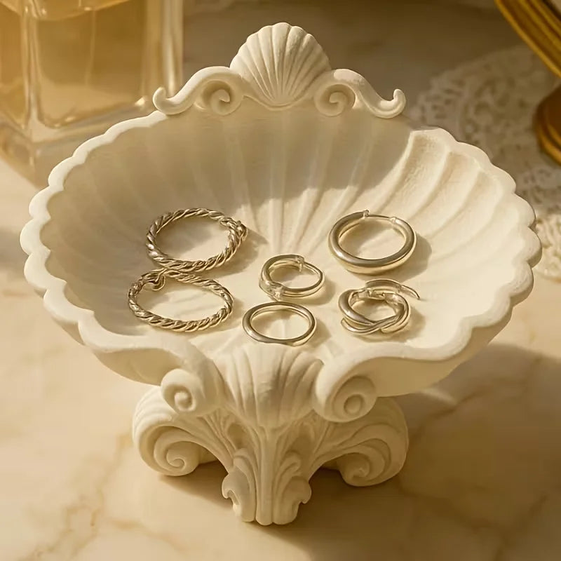 support bijoux coquillage blanc sculpté classique anneaux dorés salle bain facile nettoyer respectueux environnement