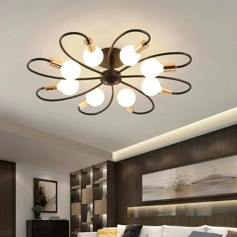plafonnier moderne or noir ampoules led structure circulaire branches incurvées opalescent surface fixations