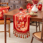 nappe rouge poissons dorés fleurs franges pompons décoration festive asiatique table maison coton polyester