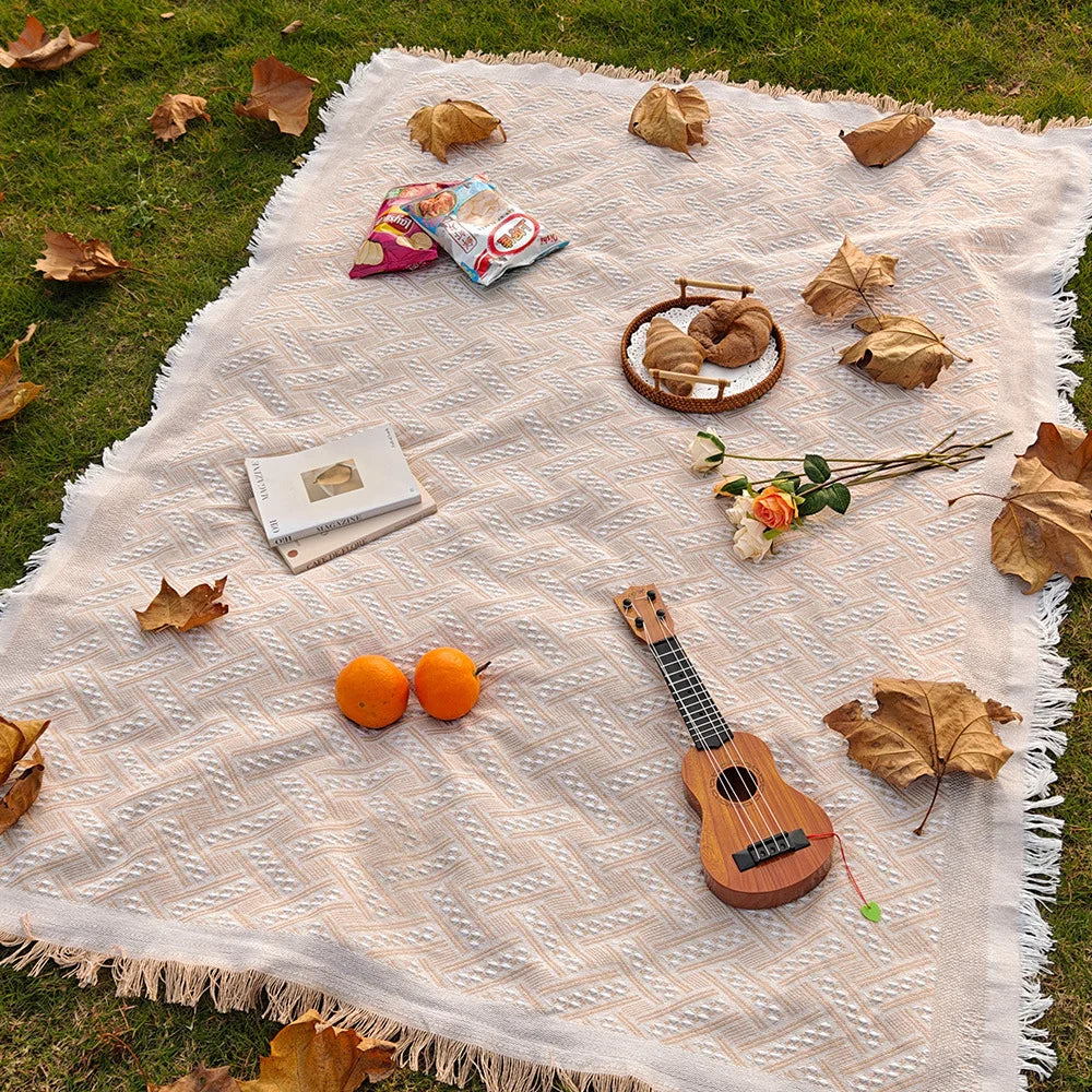 tapis plage rose blanc boho chic rayures diagonales franges pique nique extérieur portable