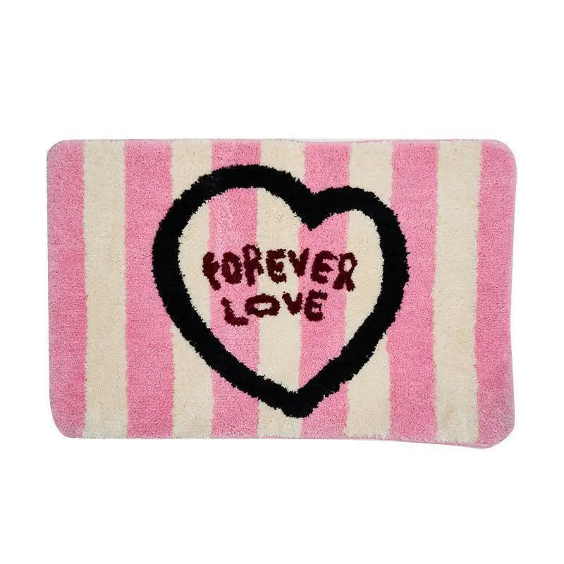 tapis imitation cachemire moderne rayures rose blanc cœur forever love