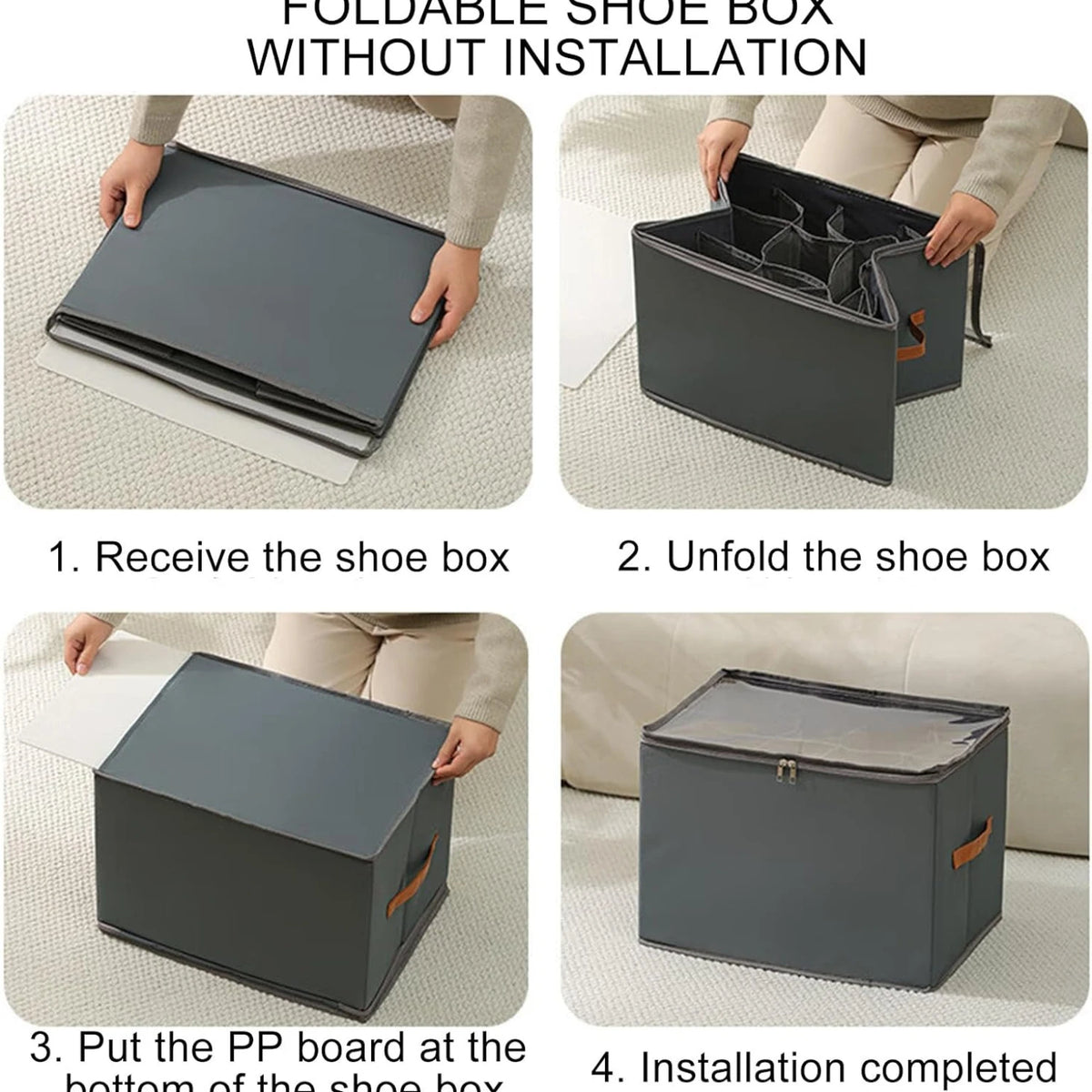 boîte rangement chaussures pliable transparente moderne poignées cuir gris conteneur organiser paires echangement gọnducible