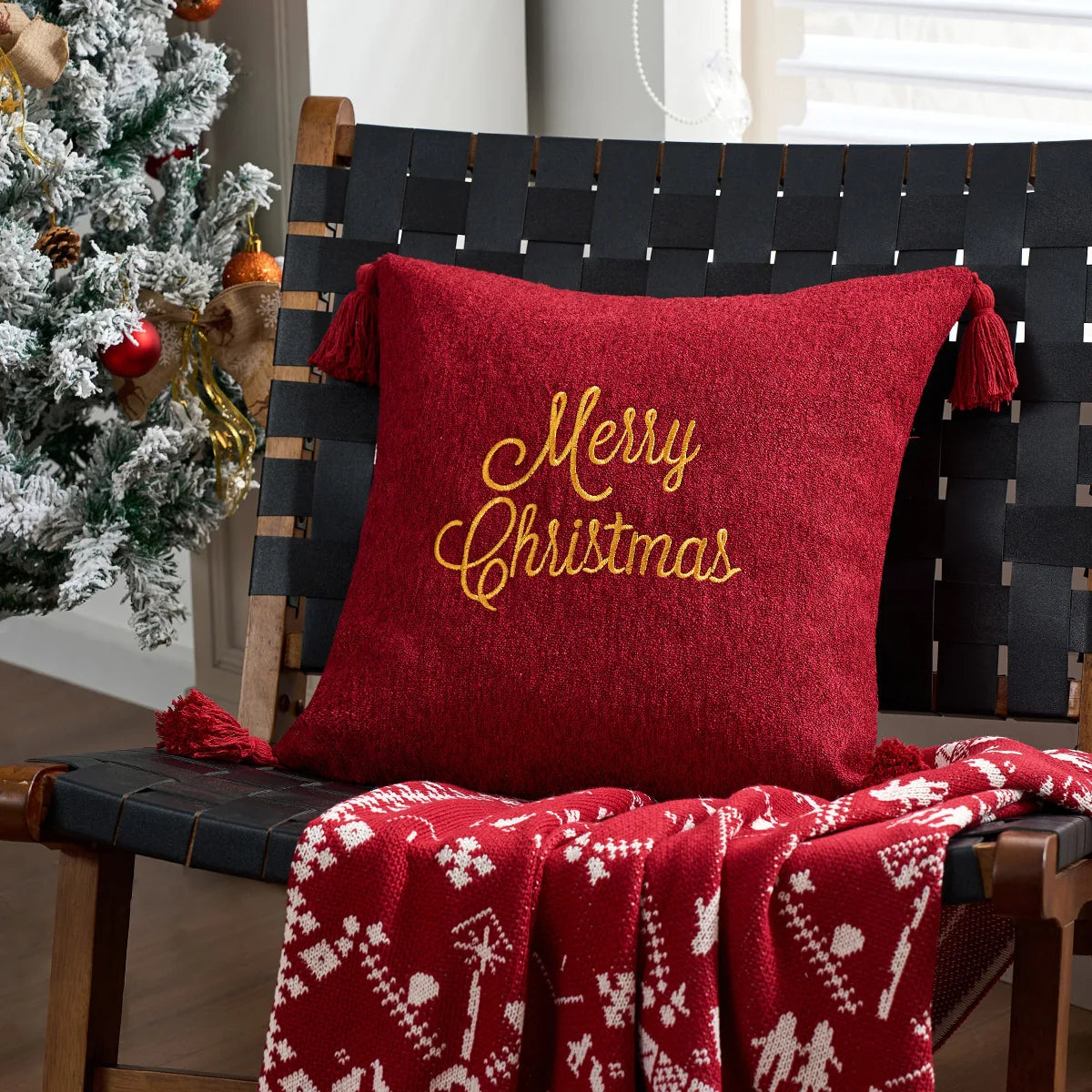 taies d'oreiller square rouge blanches flocons merry christmas coton polyester décoration lit sans rembourrage
