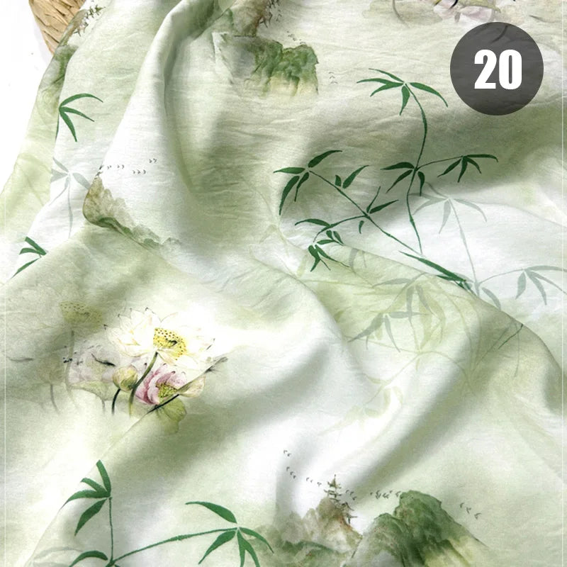 tissu imprimé chinois personnages traditionnels bambous fleurs beige vert bleu rose