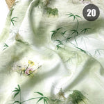 tissu imprimé chinois personnages traditionnels bambous fleurs beige vert bleu rose