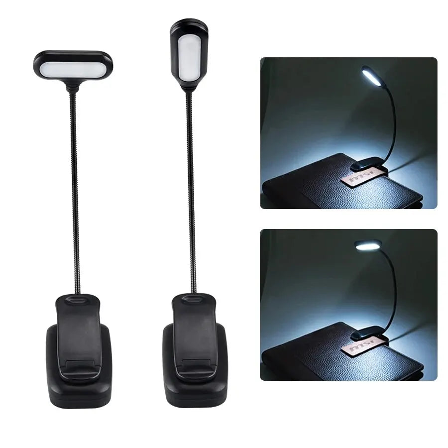 lampe lecture portable rechargeable pinces ajustables noir sans transparence moderne interrupteur câble flexible étude
