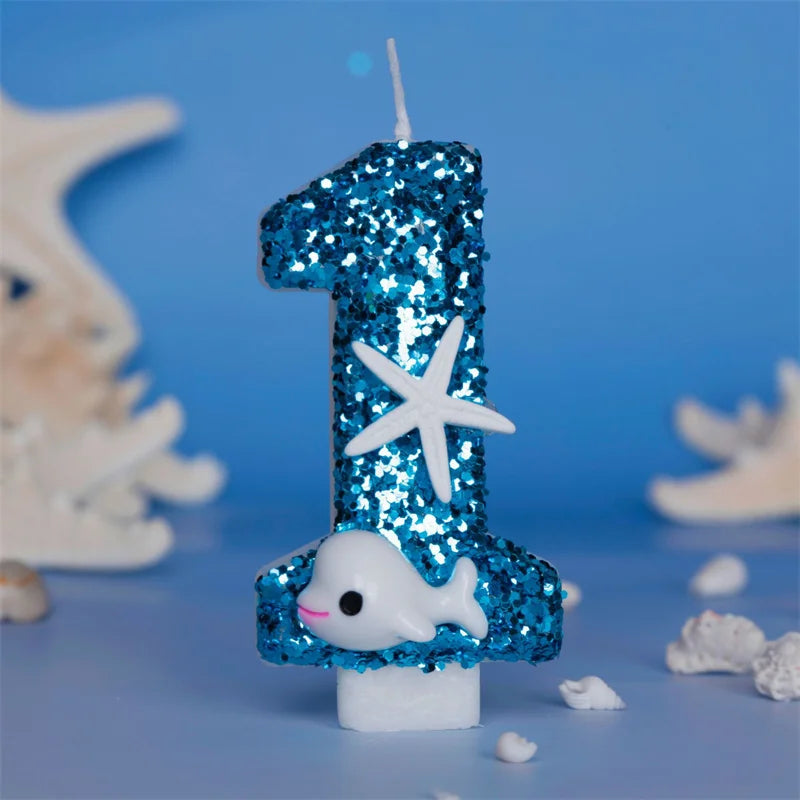 bougies forme chiffre bleu paillette motif marin dauphin étoile mer anniversaire cire paraffine