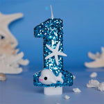 bougies forme chiffre bleu paillette motif marin dauphin étoile mer anniversaire cire paraffine