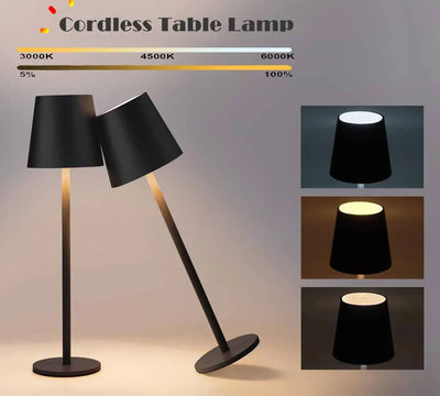 Lampe de table LED rechargeable noire avec capteur tactile sur une table de chevet