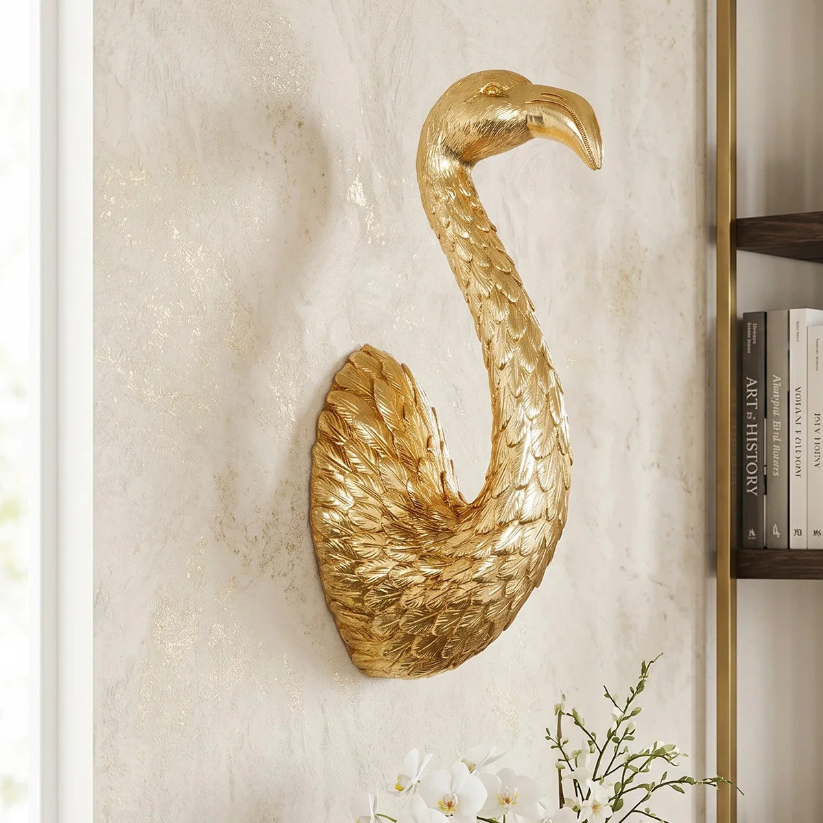 décoration murale tête flamant rose doré résine réaliste plumage détaillé moderne salon